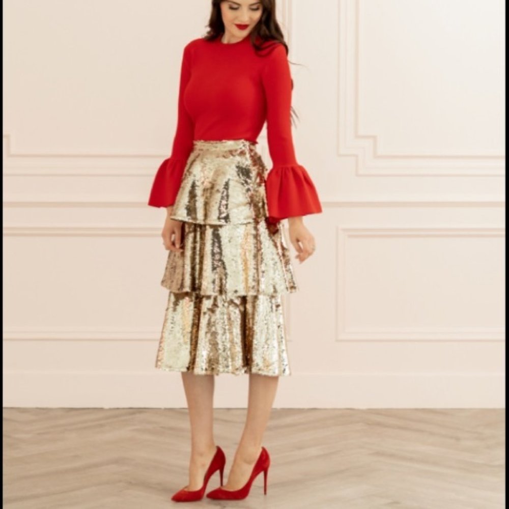 Rachel Parcell Gold Sequin Ruffled Skirt